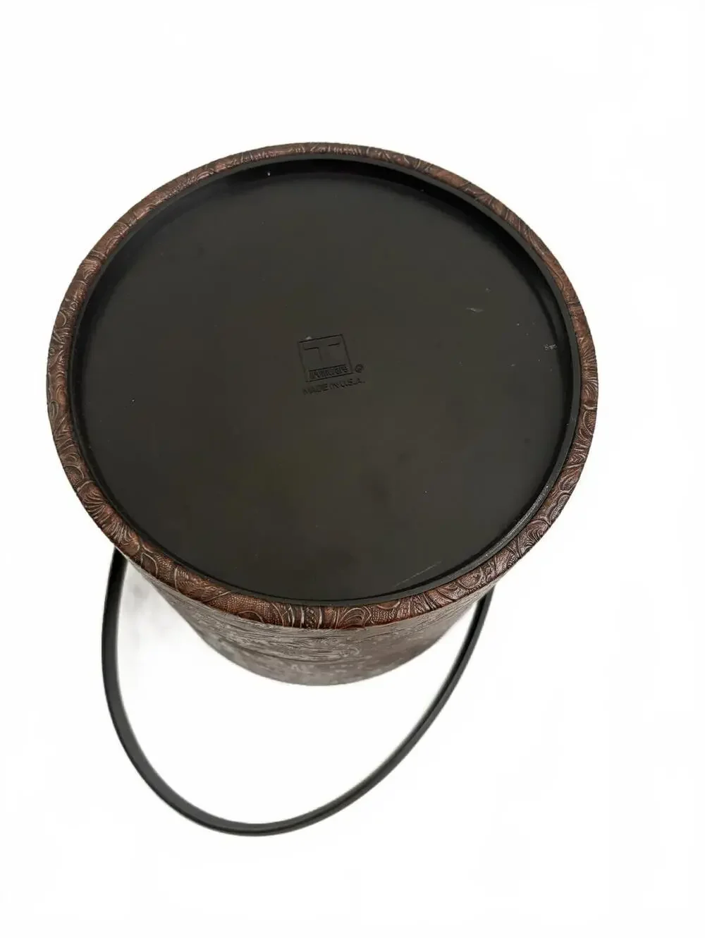 Irvinware | MCM Vintage Ice Bucket Brown Black Faux Leather Floral Embossed Lid
